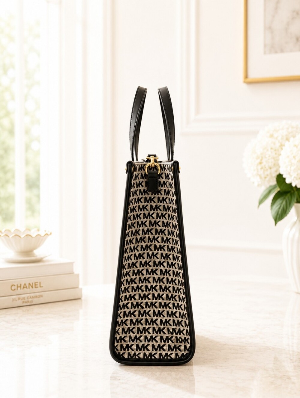 Michael Kors Black & Beige MK Monogram Tote with Logo Strap - Picture 5 of 8